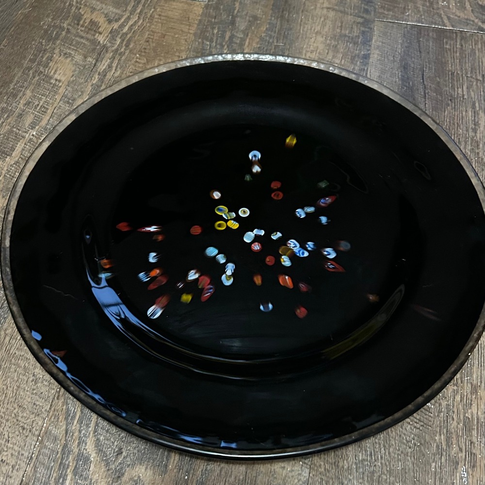 Crate & Barrel Carnivalle Black Millefiori Glass Charger  Chop Plate Italy